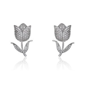 Wholesale tulip zircon earrings with white pave crystals on real gold plated copper from JuneJewelry.com – luxury floral studs.