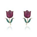 Wholesale tulip zircon earrings with white pave crystals on real gold plated copper from JuneJewelry.com – luxury floral studs.