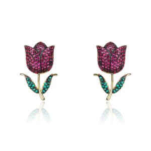Wholesale tulip zircon earrings with white pave crystals on real gold plated copper from JuneJewelry.com – luxury floral studs.