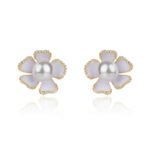 Wholesale pearl flower earrings with lavender enamel petals and zircons on 14K gold plated brass from JuneJewelry.com – unique floral jewelry for bulk purchase.
