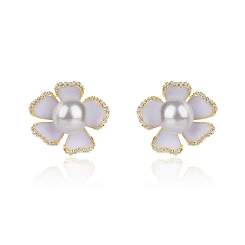 Wholesale pearl flower earrings with lavender enamel petals and zircons on 14K gold plated brass from JuneJewelry.com – unique floral jewelry for bulk purchase.