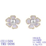 Wholesale pearl flower earrings with lavender enamel petals and zircons on 14K gold plated brass from JuneJewelry.com – unique floral jewelry for bulk purchase.