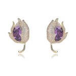 Wholesale purple tulip earrings with oval zircon and 925 silver needles from JuneJewelry.com – luxury floral brass jewelry for bulk orders.