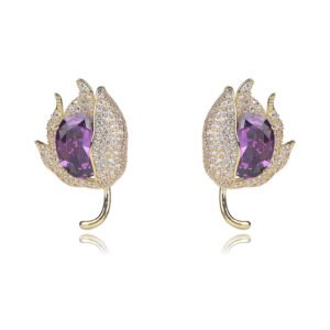Wholesale purple tulip earrings with oval zircon and 925 silver needles from JuneJewelry.com – luxury floral brass jewelry for bulk orders.