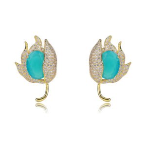 Wholesale purple tulip earrings with oval zircon and 925 silver needles from JuneJewelry.com – luxury floral brass jewelry for bulk orders.