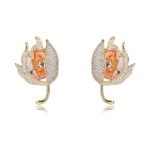 Wholesale purple tulip earrings with oval zircon and 925 silver needles from JuneJewelry.com – luxury floral brass jewelry for bulk orders.