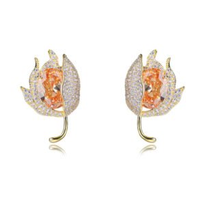 Wholesale purple tulip earrings with oval zircon and 925 silver needles from JuneJewelry.com – luxury floral brass jewelry for bulk orders.