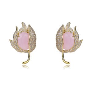 Wholesale purple tulip earrings with oval zircon and 925 silver needles from JuneJewelry.com – luxury floral brass jewelry for bulk orders.