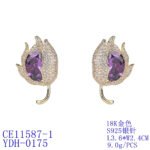 Wholesale purple tulip earrings with oval zircon and 925 silver needles from JuneJewelry.com – luxury floral brass jewelry for bulk orders.