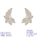 Wholesale butterfly pearl earrings with zircon pave and gold plated copper from JuneJewelry.com – luxury 925 silver needle fashion jewelry for bulk orders.
