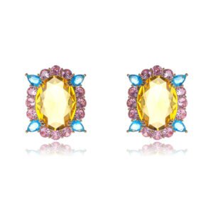 Wholesale luxury halo earrings with yellow, pink, and blue zircons on 18K gold plated brass from JuneJewelry.com – colorful fashion jewelry for bulk buyers.