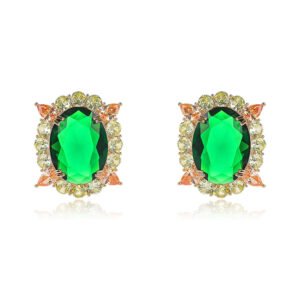 Wholesale luxury halo earrings with yellow, pink, and blue zircons on 18K gold plated brass from JuneJewelry.com – colorful fashion jewelry for bulk buyers.