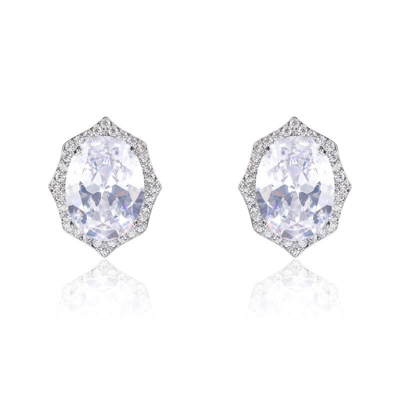 Wholesale geometric zircon earrings with large oval center stones and 925 silver needles from JuneJewelry.com – luxury bridal fashion jewelry for bulk purchase.