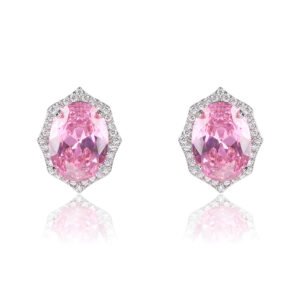 Wholesale geometric zircon earrings with large oval center stones and 925 silver needles from JuneJewelry.com – luxury bridal fashion jewelry for bulk purchase.