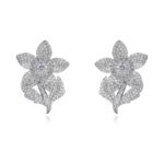 Wholesale panther head earrings with white zircon pavé and green eyes on silver plated copper from JuneJewelry.com – luxury animal jewelry.