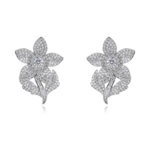 Wholesale panther head earrings with white zircon pavé and green eyes on silver plated copper from JuneJewelry.com – luxury animal jewelry.