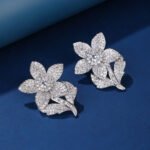 Wholesale panther head earrings with white zircon pavé and green eyes on silver plated copper from JuneJewelry.com – luxury animal jewelry.