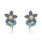 Wholesale panther head earrings with white zircon pavé and green eyes on silver plated copper from JuneJewelry.com – luxury animal jewelry.