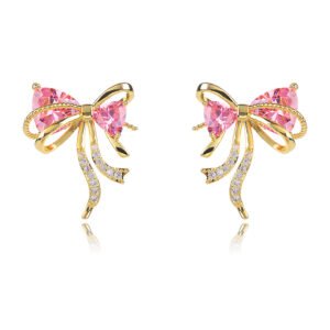 Wholesale Pink Ribbon Earrings with trillion-cut pink crystals and 925 silver needles on gold plated brass from JuneJewelry.com.