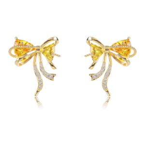 Wholesale Pink Ribbon Earrings with trillion-cut pink crystals and 925 silver needles on gold plated brass from JuneJewelry.com.