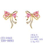 Wholesale Pink Ribbon Earrings with trillion-cut pink crystals and 925 silver needles on gold plated brass from JuneJewelry.com.