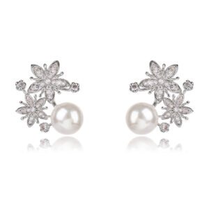Wholesale flower pearl earrings with shimmering cubic zirconia petals and 925 silver needles from JuneJewelry.com – elegant floral jewelry for bulk purchase.