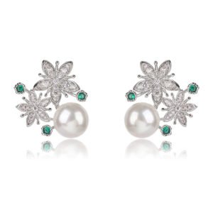 Wholesale flower pearl earrings with shimmering cubic zirconia petals and 925 silver needles from JuneJewelry.com – elegant floral jewelry for bulk purchase.