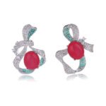 Wholesale red ribbon earrings with green zircons and 925 silver needles from JuneJewelry.com – unique bow-knot fashion jewelry for bulk buyers.