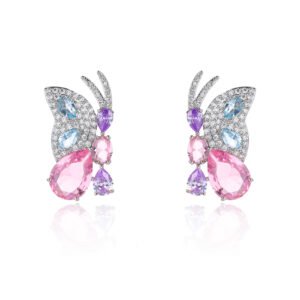 Wholesale butterfly zircon earrings with colorful stones and 925 silver pins from JuneJewelry.com – premium fashion jewelry for bulk orders.