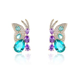 Wholesale butterfly zircon earrings with colorful stones and 925 silver pins from JuneJewelry.com – premium fashion jewelry for bulk orders.