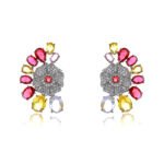 Wholesale floral zircon earrings with colorful red and yellow stones on gold plated copper from JuneJewelry.com – unique flower jewelry for bulk orders.