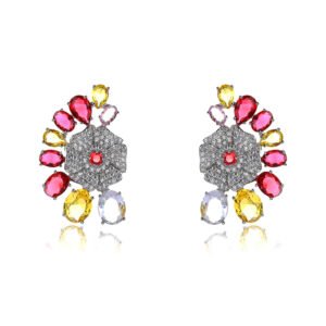 Wholesale floral zircon earrings with colorful red and yellow stones on gold plated copper from JuneJewelry.com – unique flower jewelry for bulk orders.