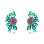 Wholesale floral zircon earrings with colorful red and yellow stones on gold plated copper from JuneJewelry.com – unique flower jewelry for bulk orders.