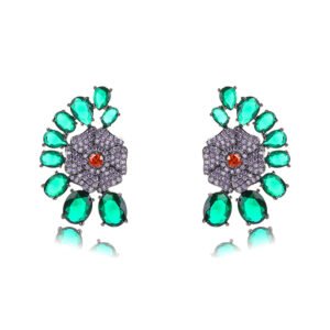 Wholesale floral zircon earrings with colorful red and yellow stones on gold plated copper from JuneJewelry.com – unique flower jewelry for bulk orders.