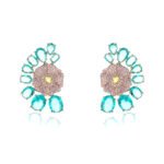 Wholesale floral zircon earrings with colorful red and yellow stones on gold plated copper from JuneJewelry.com – unique flower jewelry for bulk orders.