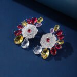 Wholesale floral zircon earrings with colorful red and yellow stones on gold plated copper from JuneJewelry.com – unique flower jewelry for bulk orders.