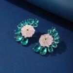 Wholesale floral zircon earrings with colorful red and yellow stones on gold plated copper from JuneJewelry.com – unique flower jewelry for bulk orders.