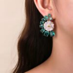 Wholesale floral zircon earrings with colorful red and yellow stones on gold plated copper from JuneJewelry.com – unique flower jewelry for bulk orders.