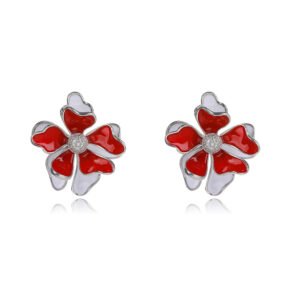 Wholesale red flower earrings with enamel petals, zircon centers, and 925 silver needles from JuneJewelry.com – unique floral fashion jewelry for bulk purchase.