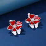 Wholesale red flower earrings with enamel petals, zircon centers, and 925 silver needles from JuneJewelry.com – unique floral fashion jewelry for bulk purchase.