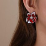 Wholesale red flower earrings with enamel petals, zircon centers, and 925 silver needles from JuneJewelry.com – unique floral fashion jewelry for bulk purchase.