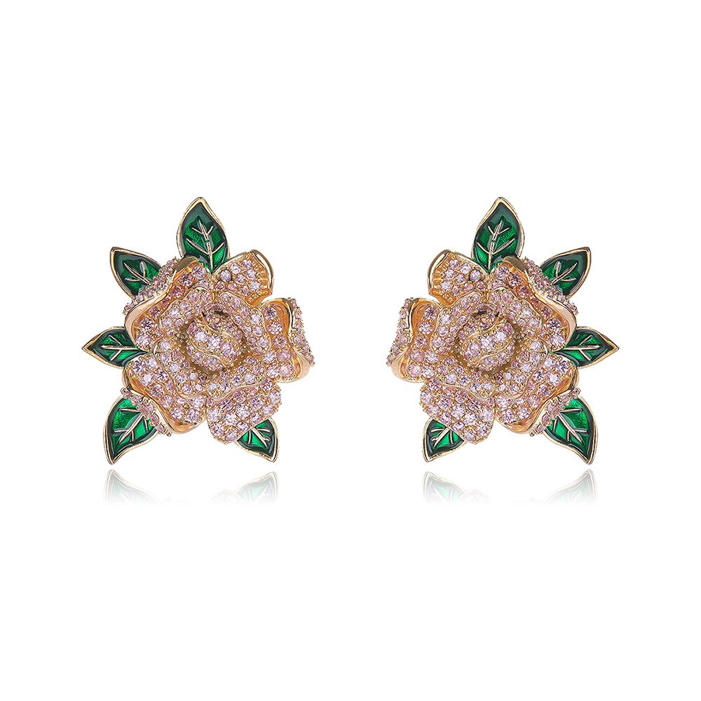 CE12023.185.A Wholesale floral zircon earrings featuring rose and blossom designs on real gold plated copper from JuneJewelry.com – luxury fashion jewelry for bulk orders.