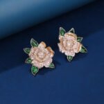 Wholesale floral zircon earrings featuring rose and blossom designs on real gold plated copper from JuneJewelry.com – luxury fashion jewelry for bulk orders.