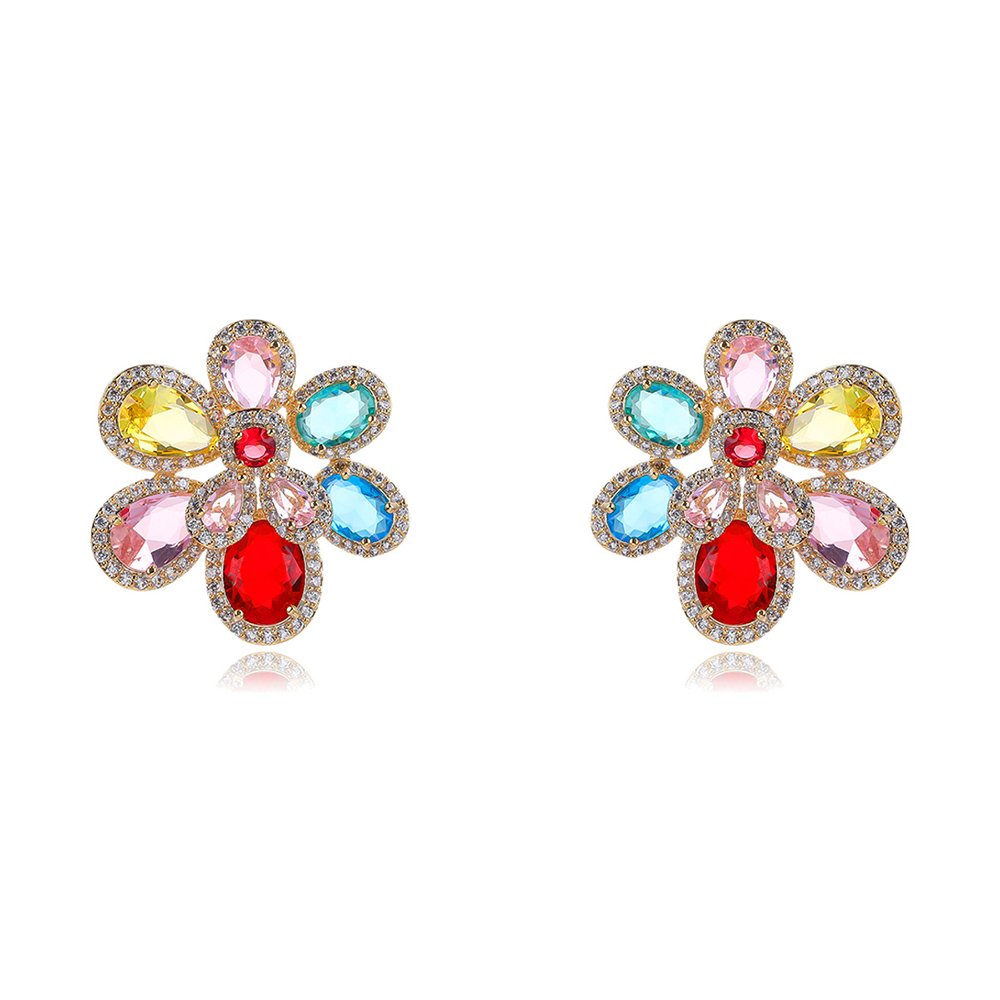 CE12031.195.A Wholesale multi-color flower earrings with colorful teardrop zircon and 925 silver pins from JuneJewelry.com – premium fashion jewelry for bulk orders.