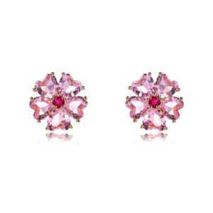 Wholesale pink flower earrings with heart-shaped zircon and 925 silver pins from JuneJewelry.com – cherry blossom fashion jewelry for bulk orders.