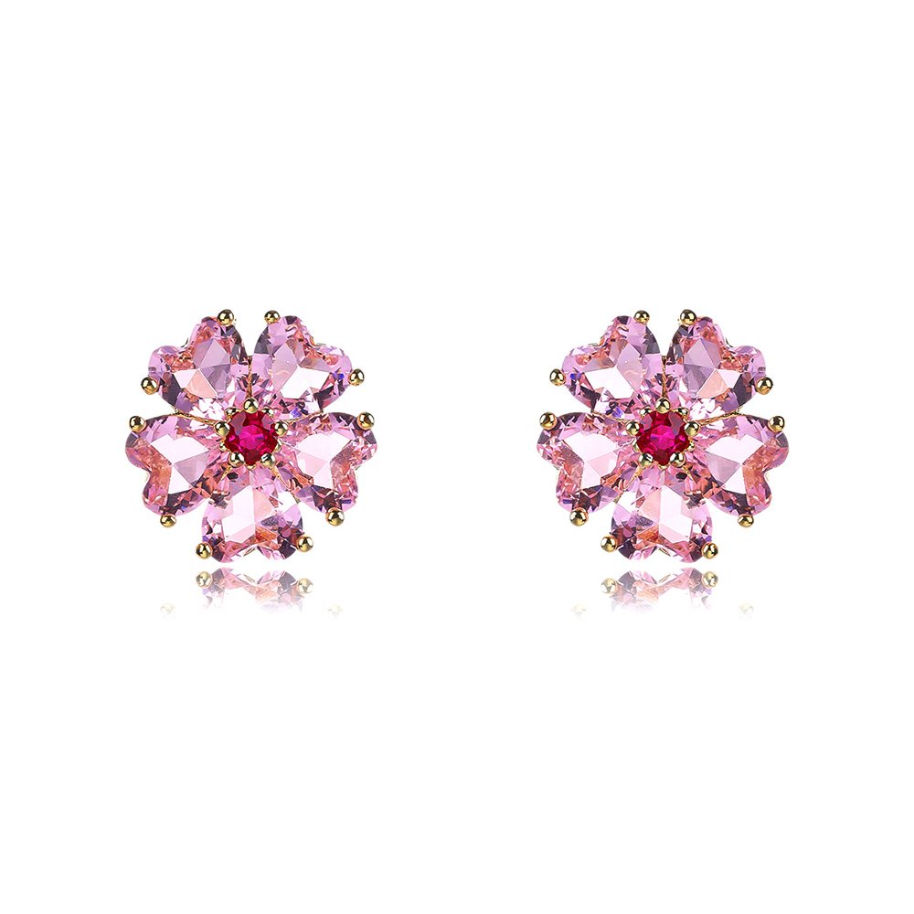 CE12053.98.A Wholesale pink flower earrings with heart-shaped zircon and 925 silver pins from JuneJewelry.com – cherry blossom fashion jewelry for bulk orders.