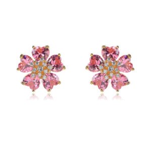 Wholesale pink zircon earrings with heart-shaped petals and 925 silver pins on gold plated copper from JuneJewelry.com – romantic flower jewelry for bulk orders.