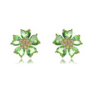 Wholesale pink zircon earrings with heart-shaped petals and 925 silver pins on gold plated copper from JuneJewelry.com – romantic flower jewelry for bulk orders.
