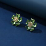 Wholesale pink zircon earrings with heart-shaped petals and 925 silver pins on gold plated copper from JuneJewelry.com – romantic flower jewelry for bulk orders.