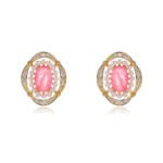 Wholesale vintage pearl earrings with pink oval stone and zircon halo on gold plated copper from JuneJewelry.com – luxury boutique jewelry.